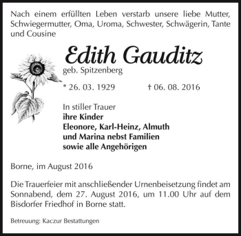 Traueranzeige von Edith Gauditz (geb. Spitzenberg)  von Magdeburger Volksstimme