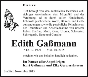 Traueranzeige von Edith Gaßmann  von Magdeburger Volksstimme