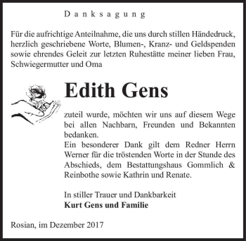 Traueranzeige von Edith Gens  von Magdeburger Volksstimme