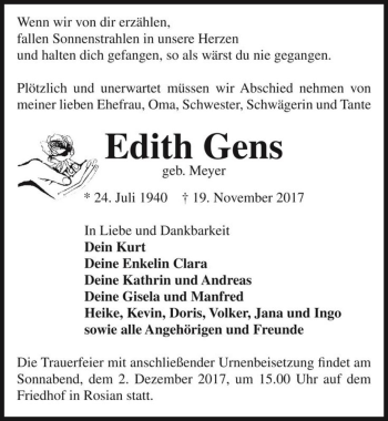 Traueranzeige von Edith Gens (geb. Meyer)  von Magdeburger Volksstimme