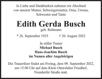 Traueranzeige von Edith Gerda Busch (geb. Rehmann)  von Magdeburger Volksstimme