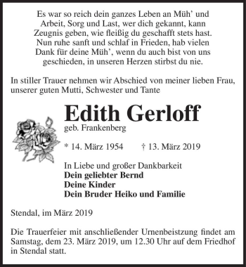 Traueranzeige von Edith Gerloff (geb. Frankenberg)  von Magdeburger Volksstimme