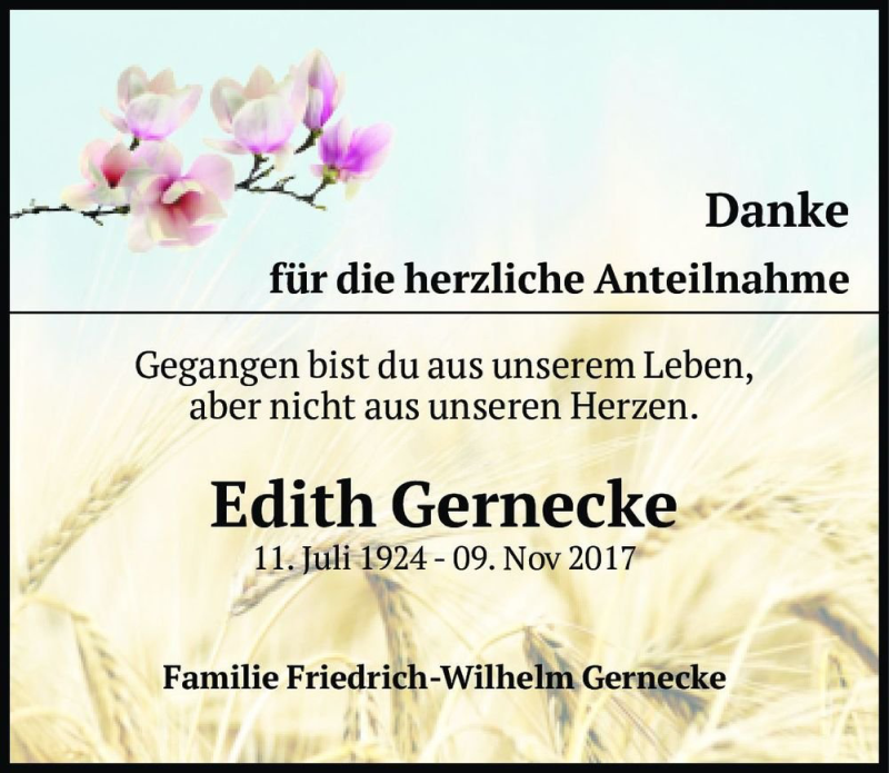  Traueranzeige für Edith Gernecke  vom 16.12.2017 aus Magdeburger Volksstimme