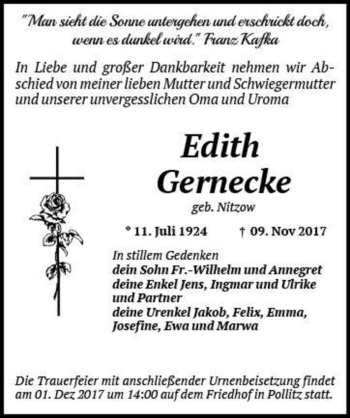 Traueranzeige von Edith Gernecke (geb. Nitzow)  von Magdeburger Volksstimme