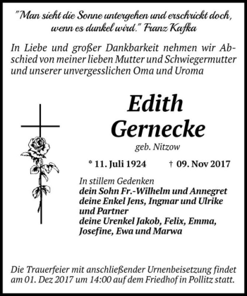 Traueranzeige von Edith Gernecke (geb. Nitzow)  von Magdeburger Volksstimme
