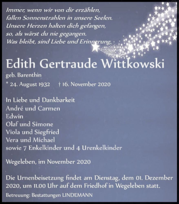 Traueranzeige von Edith Gertraude Wittkowski (geb. Barenthin)  von Magdeburger Volksstimme