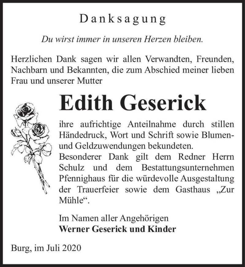  Traueranzeige für Edith Geserick  vom 25.07.2020 aus Magdeburger Volksstimme