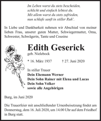 Traueranzeige von Edith Geserick (geb. Nielebock)  von Magdeburger Volksstimme