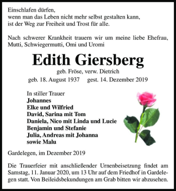 Traueranzeige von Edith Giersberg (geb. Fröse, verw. Dietrich)  von Magdeburger Volksstimme