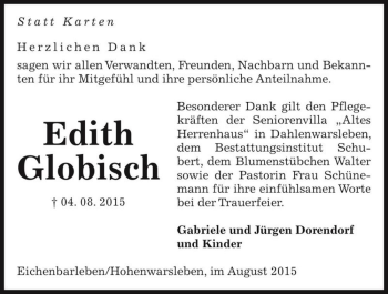 Traueranzeige von Edith Globisch  von Magdeburger Volksstimme