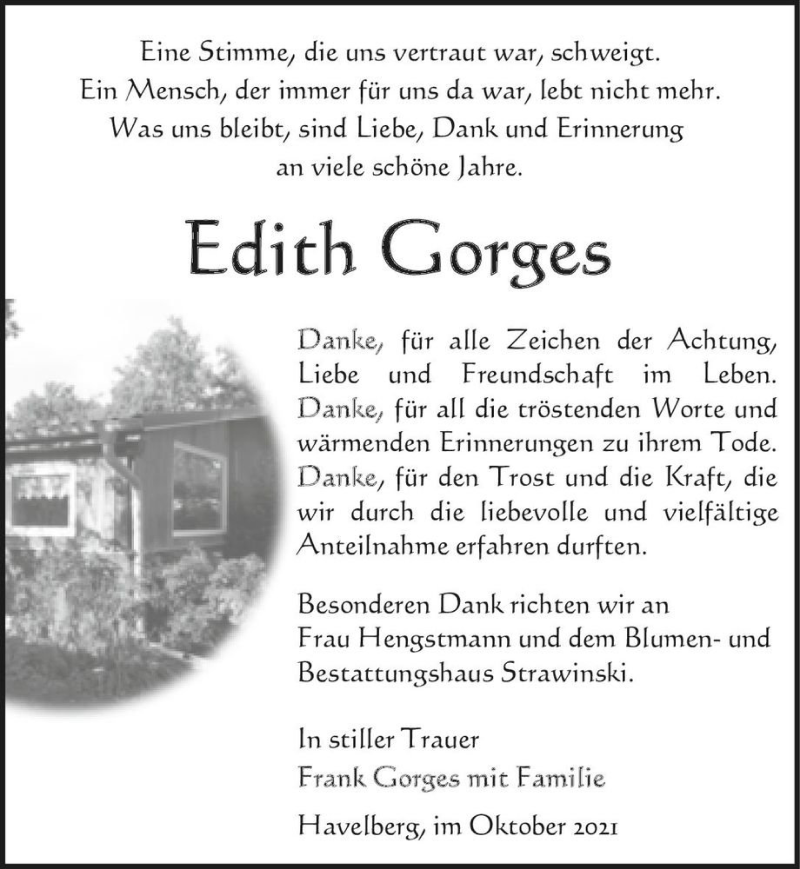  Traueranzeige für Edith Gorges  vom 30.10.2021 aus Magdeburger Volksstimme