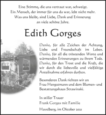 Traueranzeige von Edith Gorges  von Magdeburger Volksstimme