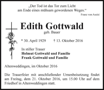 Traueranzeige von Edith Gottwald (geb. Bauer)  von Magdeburger Volksstimme