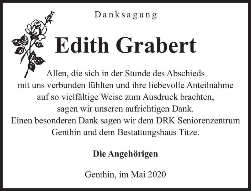  Traueranzeige für Edith Grabert  vom 16.05.2020 aus Magdeburger Volksstimme