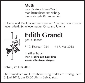 Traueranzeige von Edith Grandt (geb. Unnasch)  von Magdeburger Volksstimme
