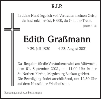 Traueranzeige von Edith Graßmann  von Magdeburger Volksstimme