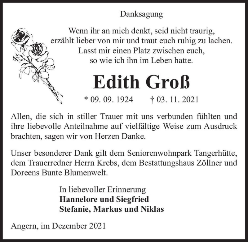  Traueranzeige für Edith Groß  vom 04.12.2021 aus Magdeburger Volksstimme