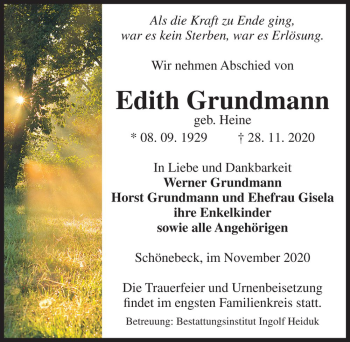 Traueranzeige von Edith Grundmann (geb. Heine)  von Magdeburger Volksstimme