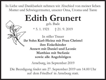 Traueranzeige von Edith Grunert (geb. Bade)  von Magdeburger Volksstimme