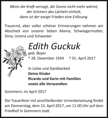 Traueranzeige von Edith Guckuk (geb. Bayer)  von Magdeburger Volksstimme