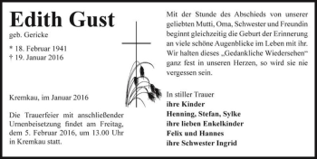 Traueranzeige von Edith Gust (geb. Gericke)  von Magdeburger Volksstimme
