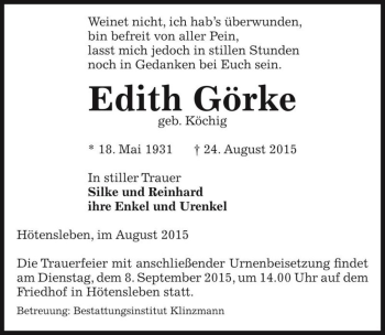 Traueranzeige von Edith Görke (geb. Köchig)  von Magdeburger Volksstimme