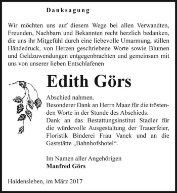 Traueranzeige von Edith Görs  von Magdeburger Volksstimme