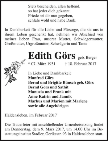 Traueranzeige von Edith Görs (geb. Berger)  von Magdeburger Volksstimme