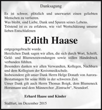 Traueranzeige von Edith Haase  von Magdeburger Volksstimme