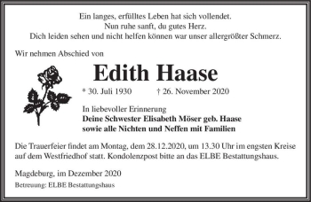 Traueranzeige von Edith Haase  von Magdeburger Volksstimme
