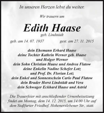Traueranzeige von Edith Haase (geb. Lindstädt)  von Magdeburger Volksstimme