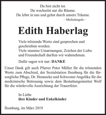Traueranzeige von Edith Haberlag  von Magdeburger Volksstimme