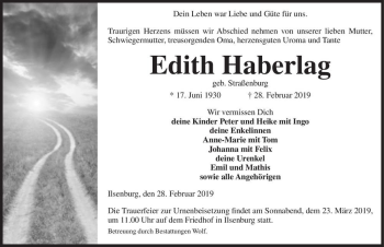 Traueranzeige von Edith Haberlag (geb. Straßenburg)  von Magdeburger Volksstimme