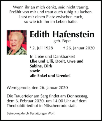 Traueranzeige von Edith Hafenstein (geb. Pape)  von Magdeburger Volksstimme