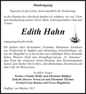 Traueranzeige von Edith Hahn  von Magdeburger Volksstimme