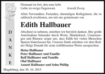 Traueranzeige von Edith Hallbauer  von Magdeburger Volksstimme