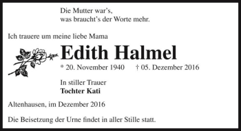 Traueranzeige von Edith Halmel  von Magdeburger Volksstimme