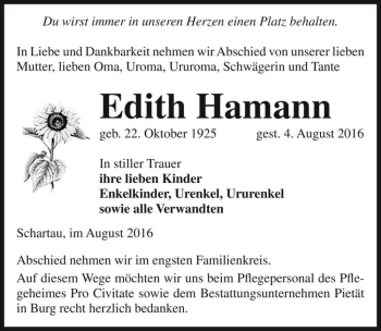 Traueranzeige von Edith Hamann  von Magdeburger Volksstimme