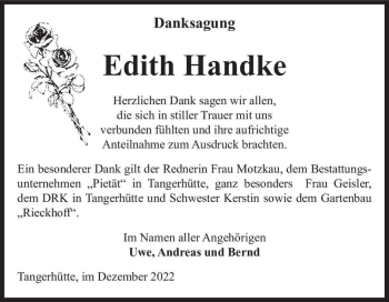 Traueranzeige von Edith Handke  von Magdeburger Volksstimme