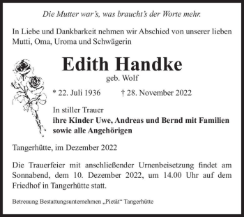 Traueranzeige von Edith Handke (geb. Wolf)  von Magdeburger Volksstimme