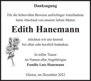 Traueranzeige von Edith Hanemann  von Magdeburger Volksstimme