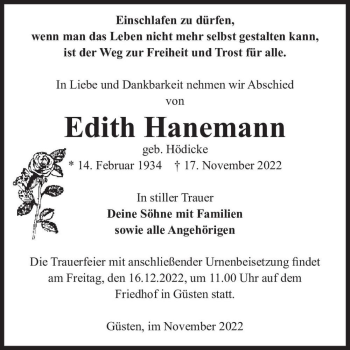 Traueranzeige von Edith Hanemann (geb. Hödicke)  von Magdeburger Volksstimme
