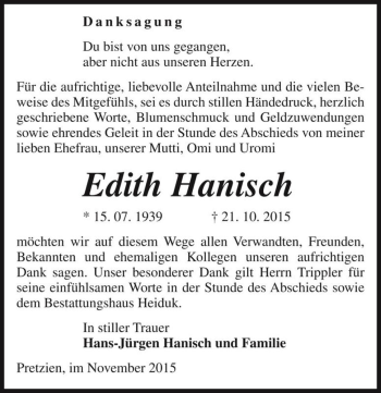 Traueranzeige von Edith Hanisch  von Magdeburger Volksstimme