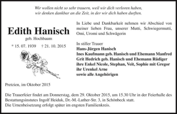 Traueranzeige von Edith Hanisch (geb. Hochbaum)  von Magdeburger Volksstimme
