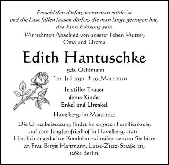 Traueranzeige von Edith Hantuschke (geb. Oehlmann)  von Magdeburger Volksstimme