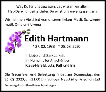 Traueranzeige von Edith Hartmann  von Magdeburger Volksstimme