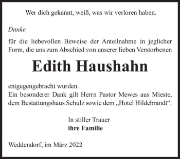 Traueranzeige von Edith Haushahn  von Magdeburger Volksstimme