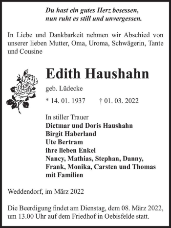 Traueranzeige von Edith Haushahn (geb. Lüdecke)  von Magdeburger Volksstimme