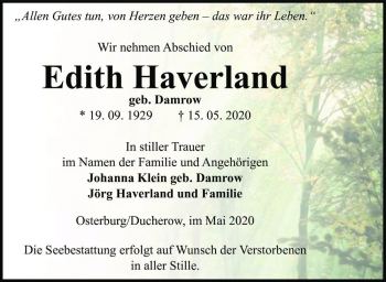 Traueranzeige von Edith Haverland (geb. Damrow)  von Magdeburger Volksstimme
