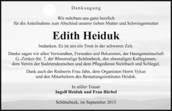 Traueranzeige von Edith Heiduk  von Magdeburger Volksstimme